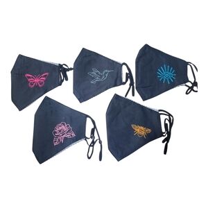 JOHNNY WAS 5 Pack of Face Masks Black Cotton Embroidered